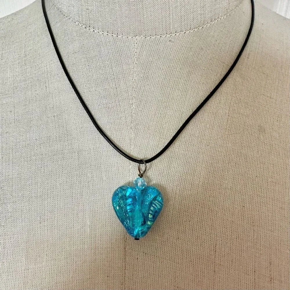Blue glass heart pendant necklace sterling silver clasp on cord